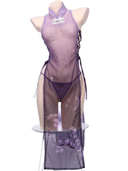 Sheer Mesh Chinese Style Lingerie Dress - Transparent Qipao Teddy Blesssafe