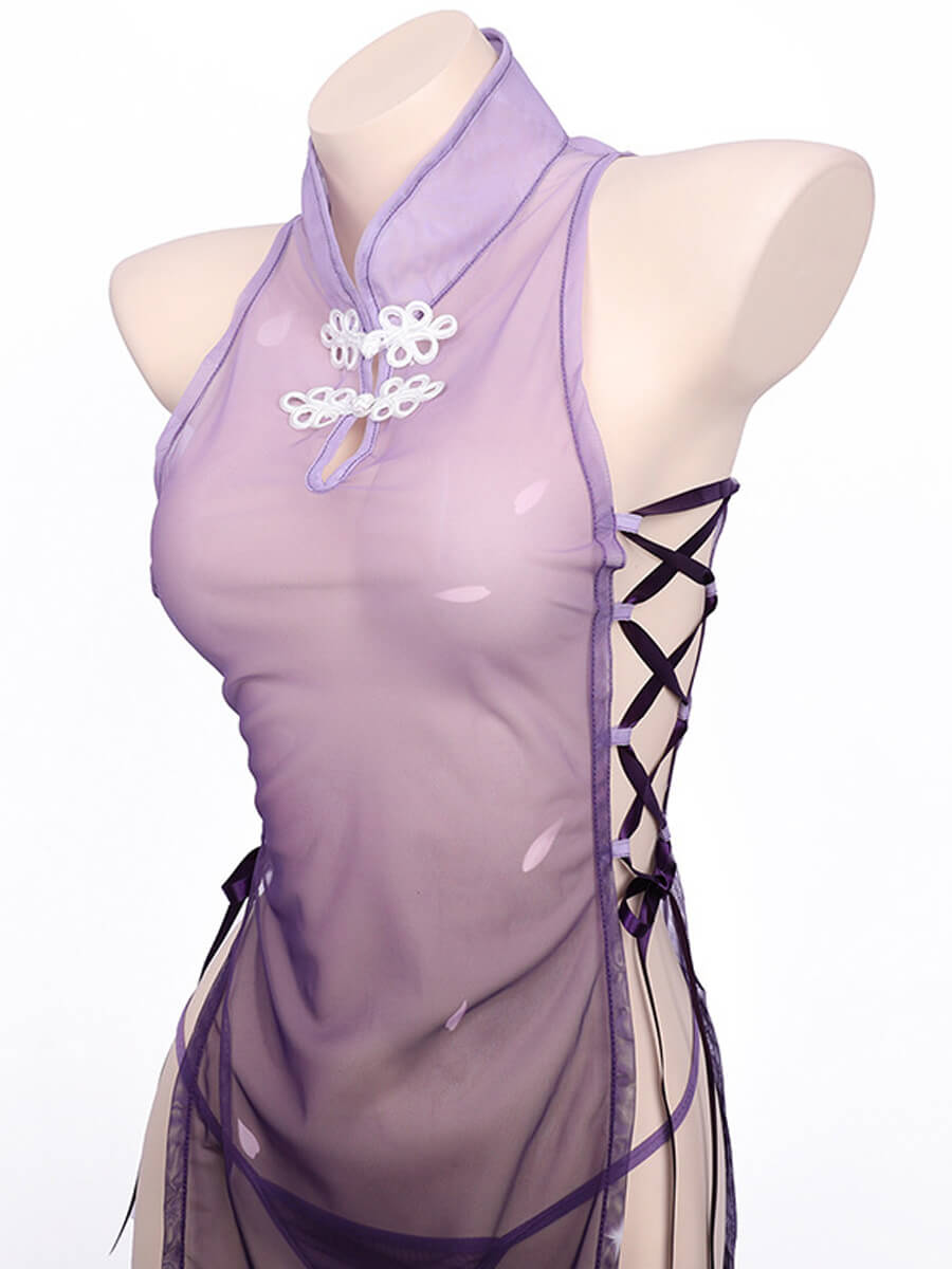 Sheer Mesh Chinese Style Lingerie Dress - Transparent Qipao Teddy Blesssafe
