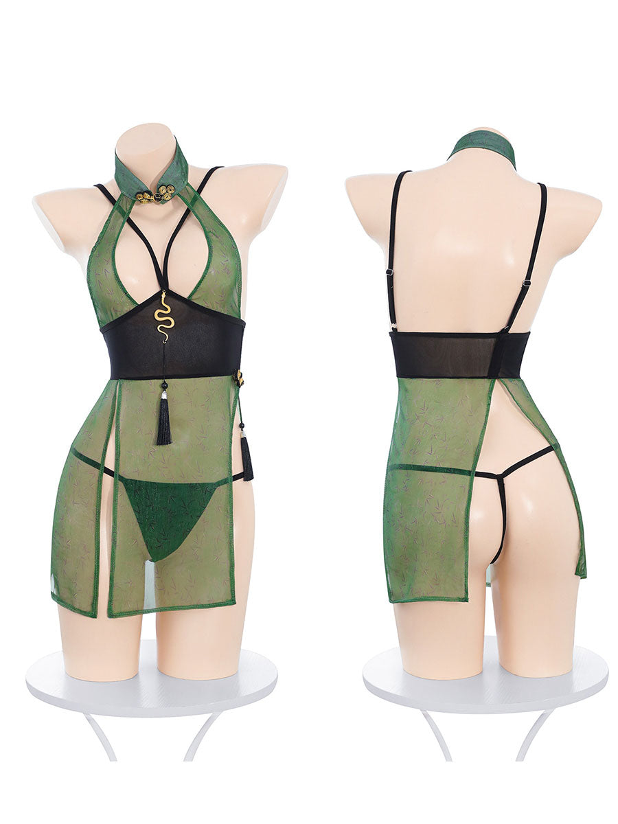 Green Snake Chinese-Inspired Dress - Exotic Patterned Qipao Outfit Blesssafe