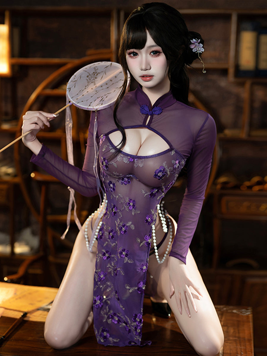 Pearl Embroidered Floral Cheongsam Lingerie - Sheer Chinese Teddy Blesssafe