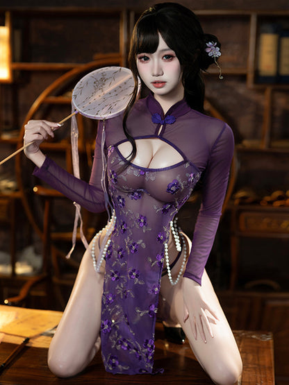 Pearl Embroidered Floral Cheongsam Lingerie - Sheer Chinese Teddy Blesssafe