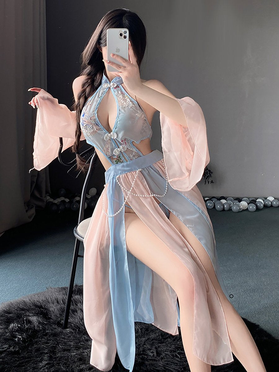 Chinese Style Floral Mesh Dress - Transparent Side Slit Qipao Nightie Blesssafe