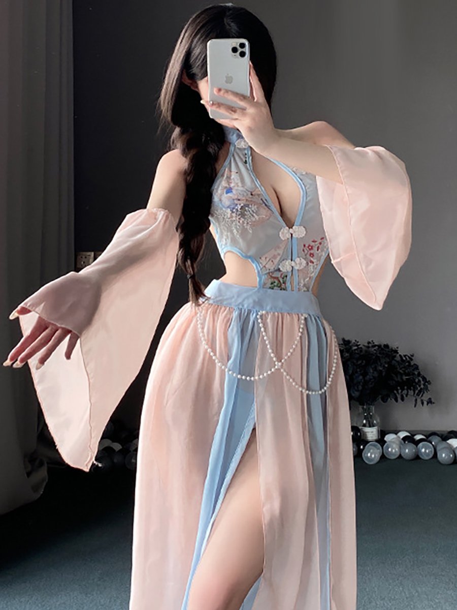 Chinese Style Floral Mesh Dress - Transparent Side Slit Qipao Nightie Blesssafe