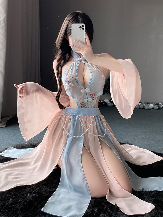 Chinese Style Floral Mesh Dress - Transparent Side Slit Qipao Nightie Blesssafe