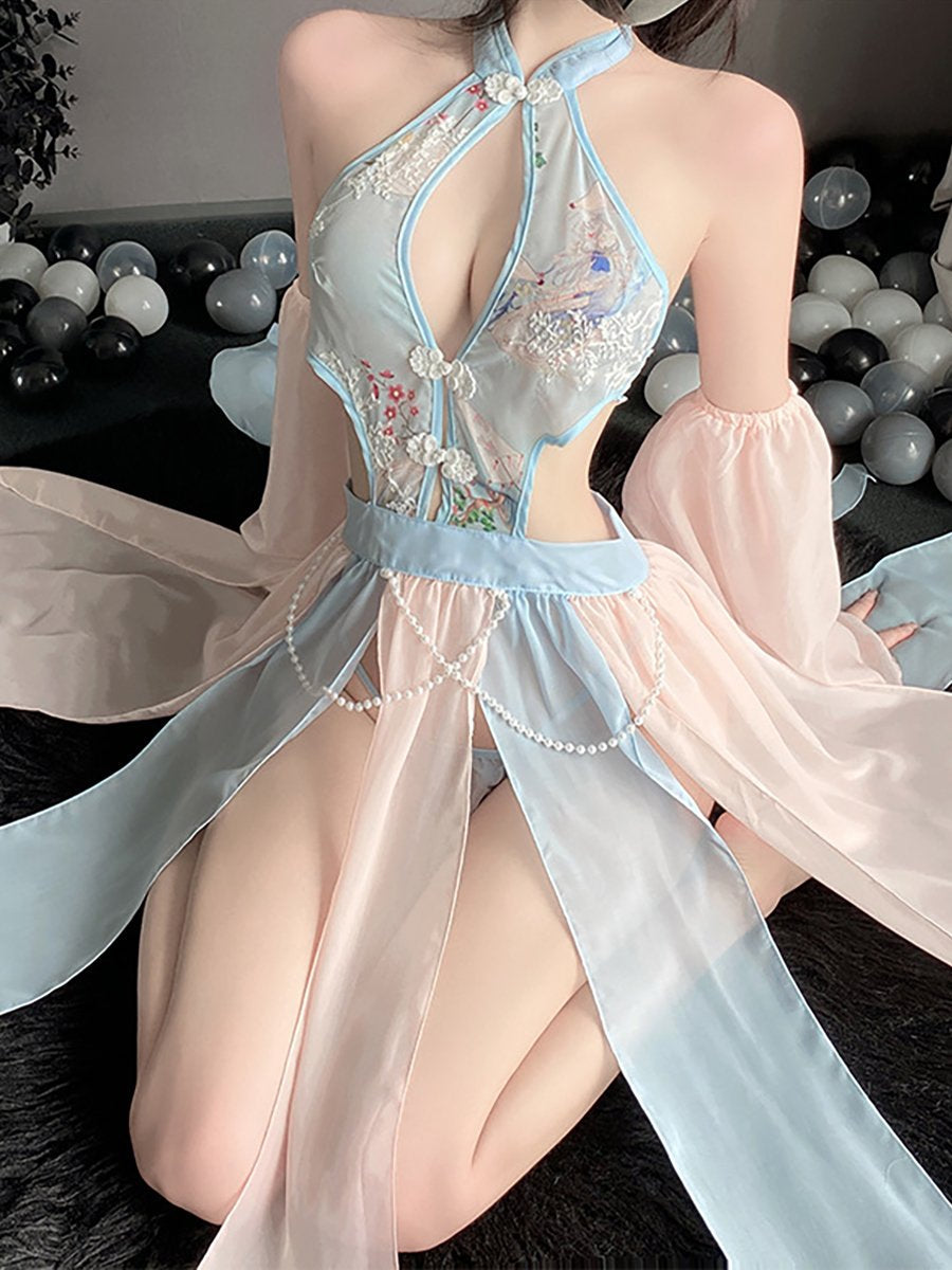 Chinese Style Floral Mesh Dress - Transparent Side Slit Qipao Nightie Blesssafe