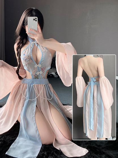 Chinese Style Floral Mesh Dress - Transparent Side Slit Qipao Nightie Blesssafe