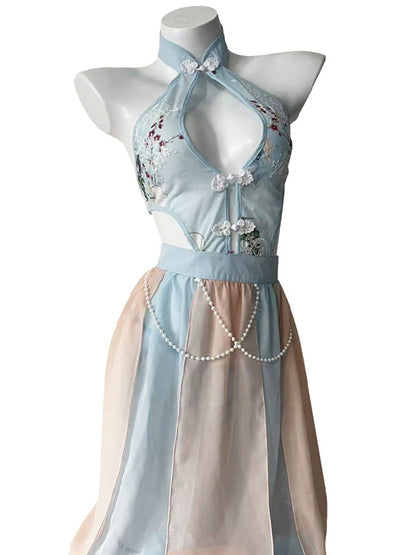Chinese Style Floral Mesh Dress - Transparent Side Slit Qipao Nightie Blesssafe