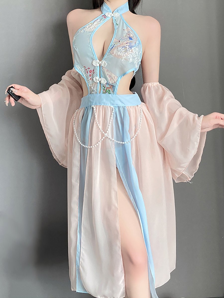 Chinese Style Floral Mesh Dress - Transparent Side Slit Qipao Nightie Blesssafe
