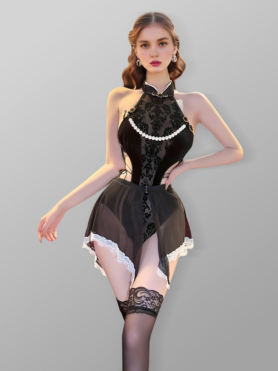 Sexy Chinese Bodysuit Lingerie with Pearls - Beaded Open Teddy Blesssafe