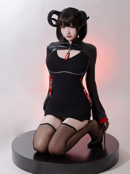 Open Cup Chinese Style Gothic Dress - Revealing Dark Qipao Set Blesssafe