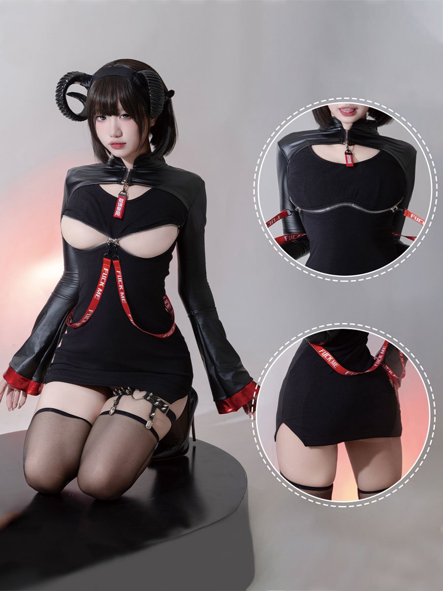 Open Cup Chinese Style Gothic Dress - Revealing Dark Qipao Set Blesssafe