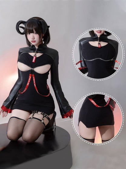 Open Cup Chinese Style Gothic Dress - Revealing Dark Qipao Set Blesssafe