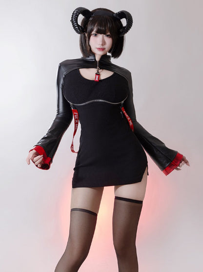 Open Cup Chinese Style Gothic Dress - Revealing Dark Qipao Set Blesssafe