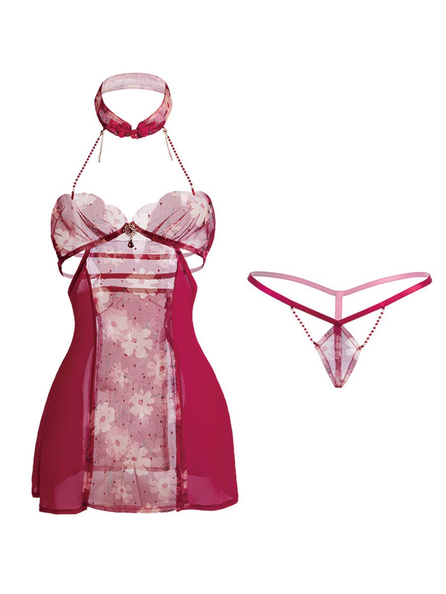 Red Floral Chinese Style Babydoll Dress - Transparent Nightgown Blesssafe