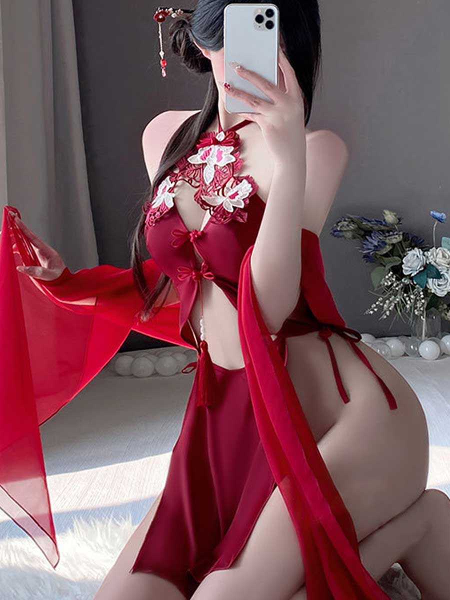 High Slit Appliques Qipao Outfit - Embroidered Chinese Cosplay Blesssafe
