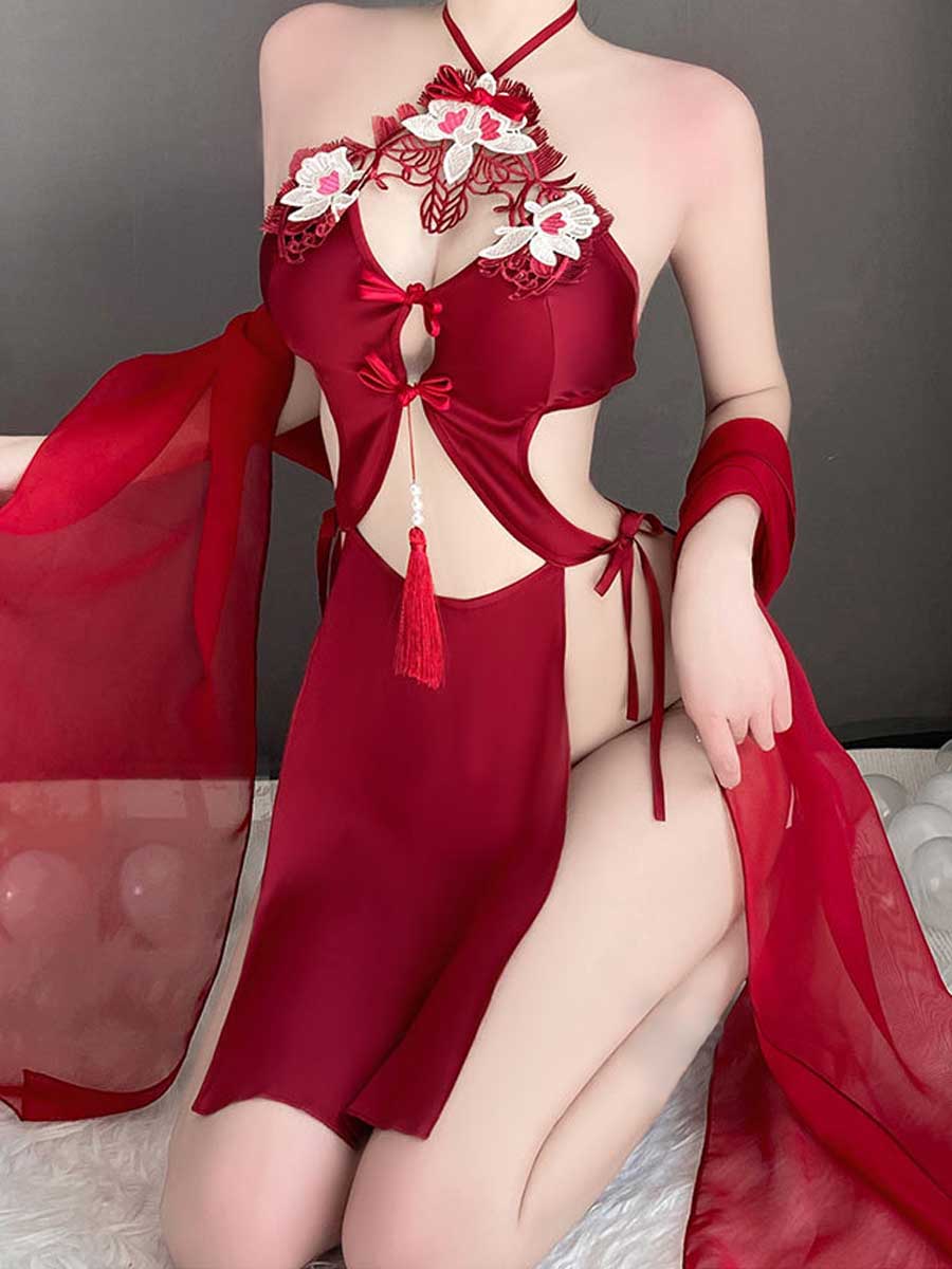 High Slit Appliques Qipao Outfit - Embroidered Chinese Cosplay Blesssafe