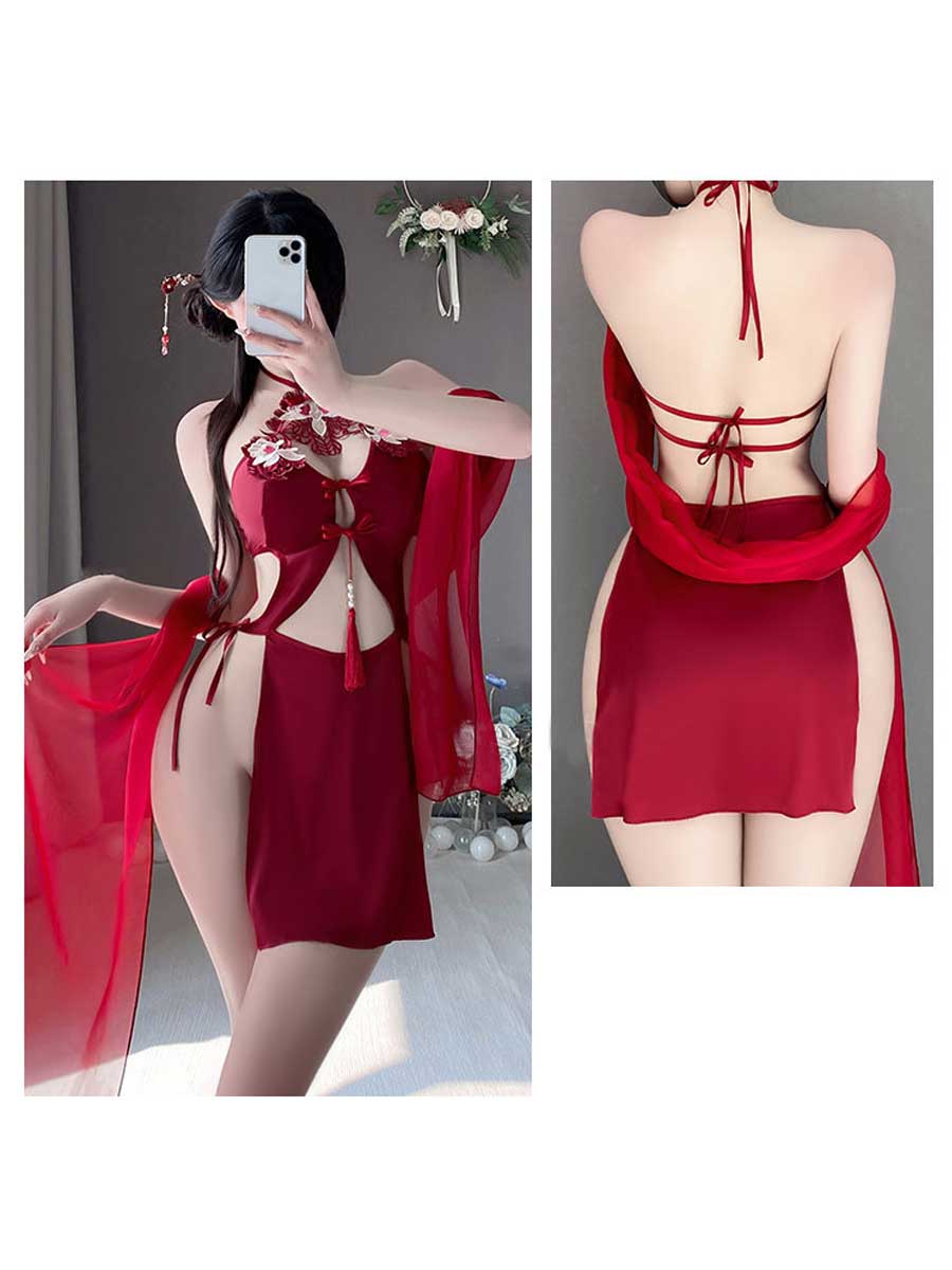 High Slit Appliques Qipao Outfit - Embroidered Chinese Cosplay Blesssafe