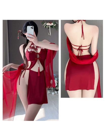High Slit Appliques Qipao Outfit - Embroidered Chinese Cosplay Blesssafe