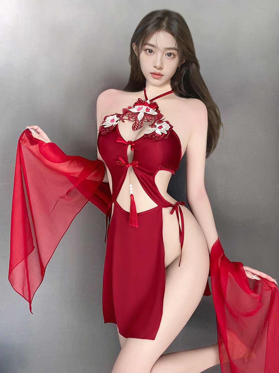 High Slit Appliques Qipao Outfit - Embroidered Chinese Cosplay Blesssafe