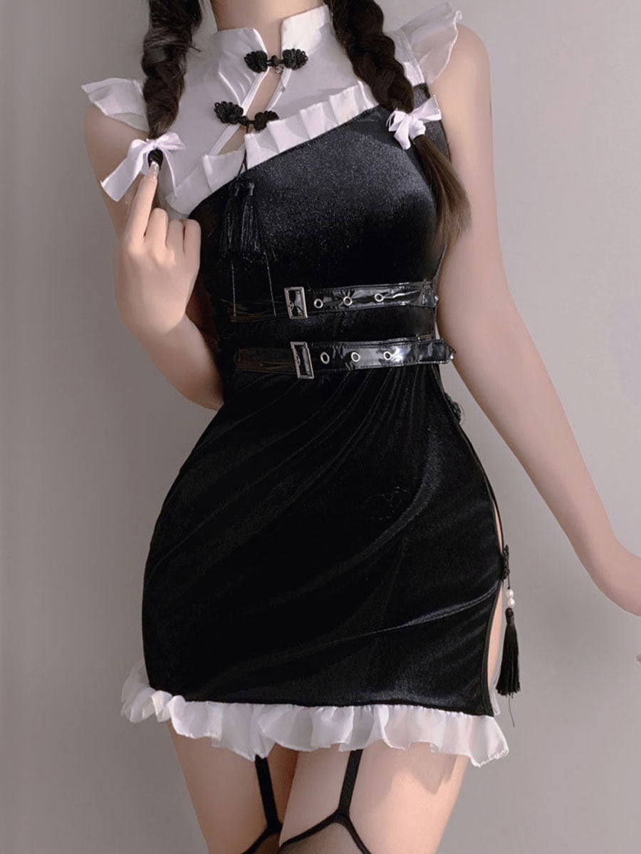 Black Velvet High Slit Cheongsam - Sexy Dark Chinese Qipao Gown Blesssafe