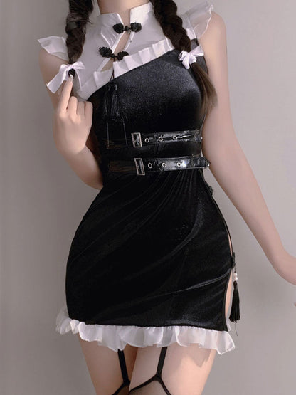 Black Velvet High Slit Cheongsam - Sexy Dark Chinese Qipao Gown Blesssafe