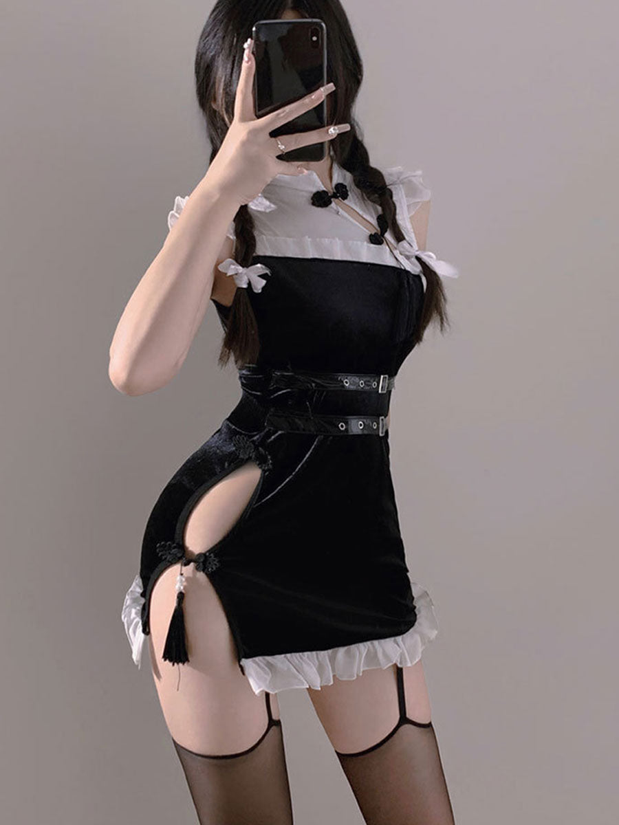 Black Velvet High Slit Cheongsam - Sexy Dark Chinese Qipao Gown Blesssafe