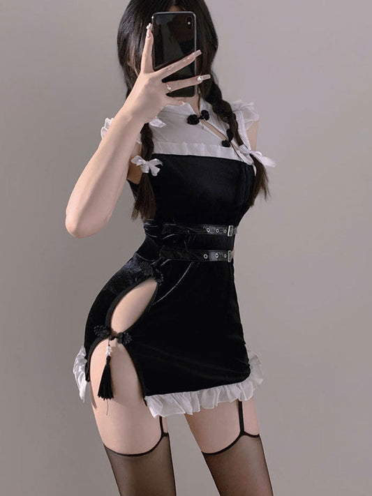 Black Velvet High Slit Cheongsam - Sexy Dark Chinese Qipao Gown Blesssafe