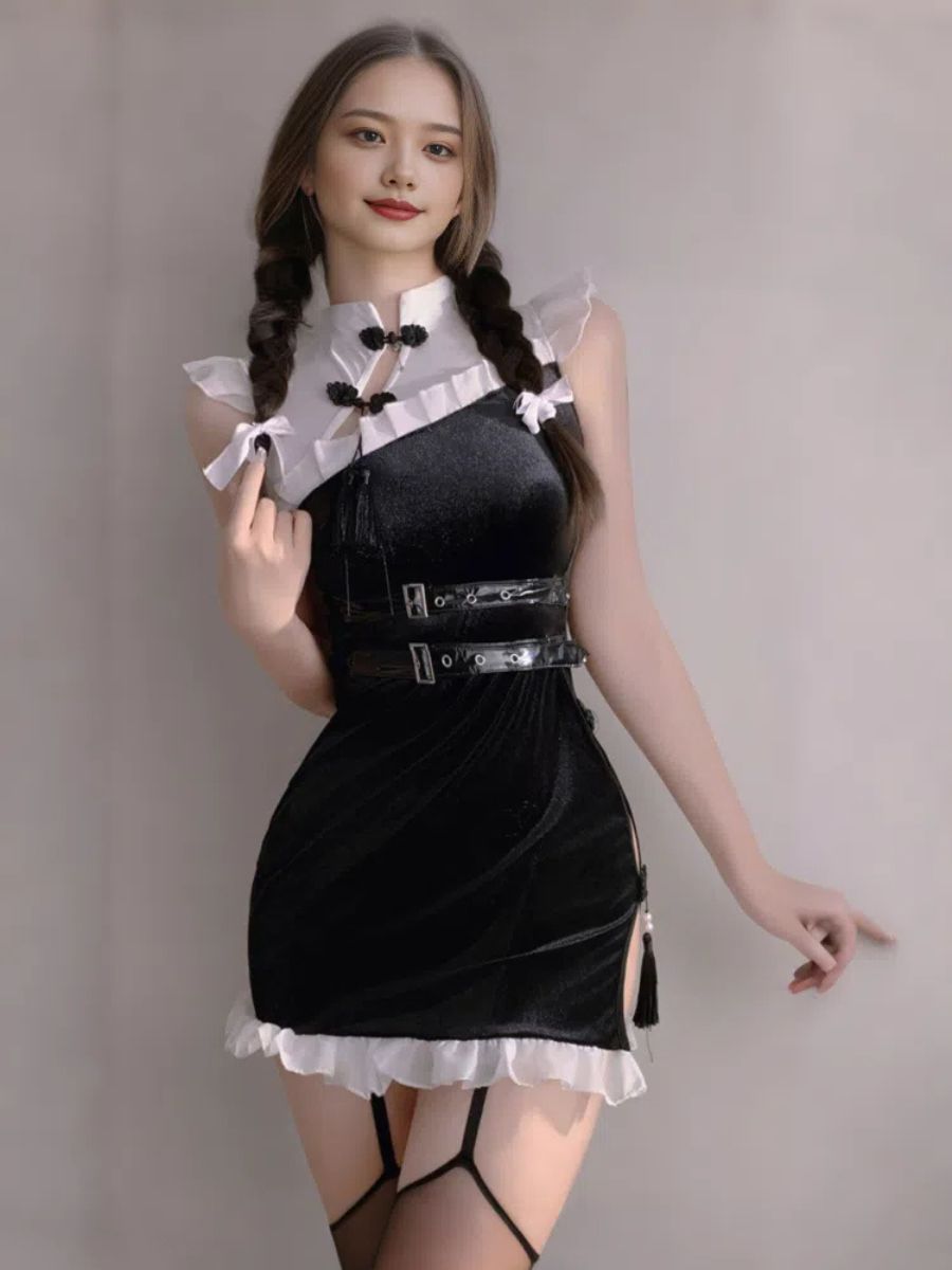 Black Velvet High Slit Cheongsam - Sexy Dark Chinese Qipao Gown Blesssafe
