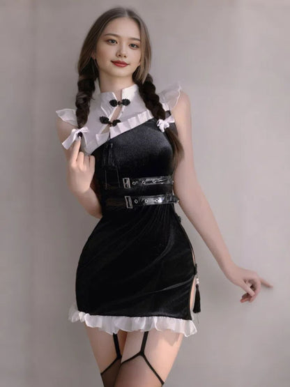 Black Velvet High Slit Cheongsam - Sexy Dark Chinese Qipao Gown Blesssafe