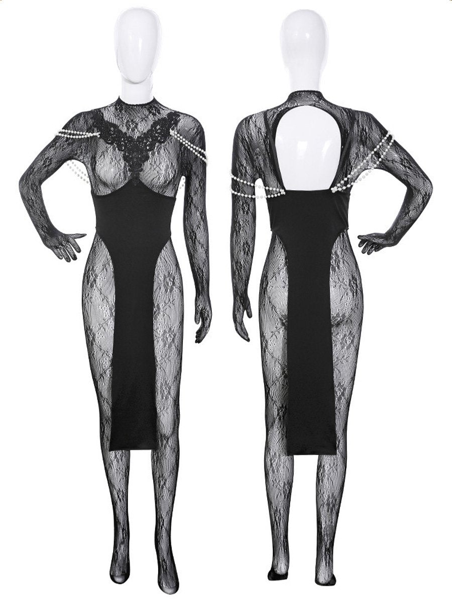 Lace Chinese Style Cupless Lingerie Set - Open Bust Qipao Teddy Blesssafe
