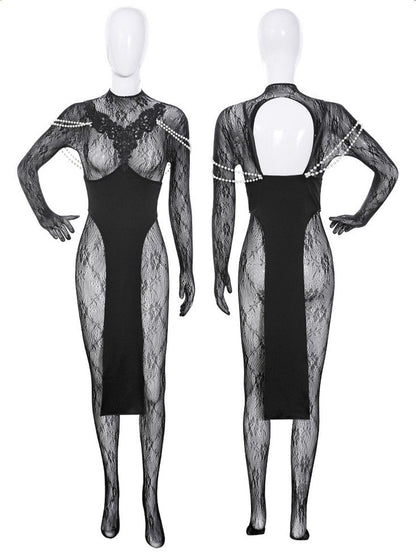 Lace Chinese Style Cupless Lingerie Set - Open Bust Qipao Teddy Blesssafe
