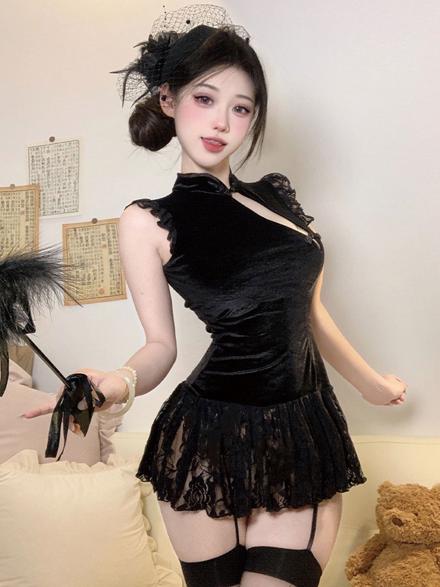Chinese Style Lace Babydoll Dress - Sheer Mandarin Collar Nightie Blesssafe