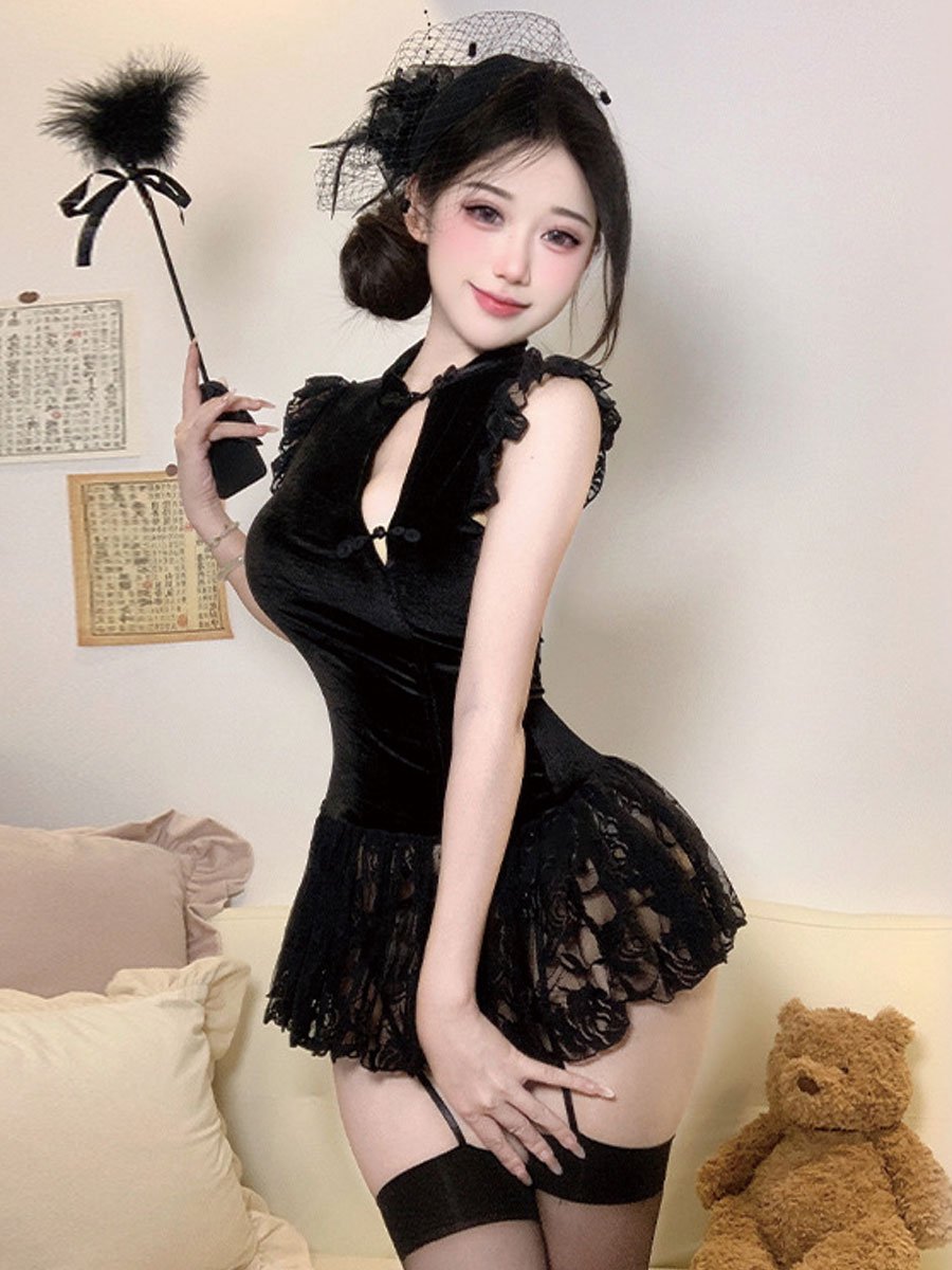 Chinese Style Lace Babydoll Dress - Sheer Mandarin Collar Nightie Blesssafe