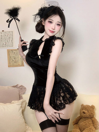 Chinese Style Lace Babydoll Dress - Sheer Mandarin Collar Nightie Blesssafe