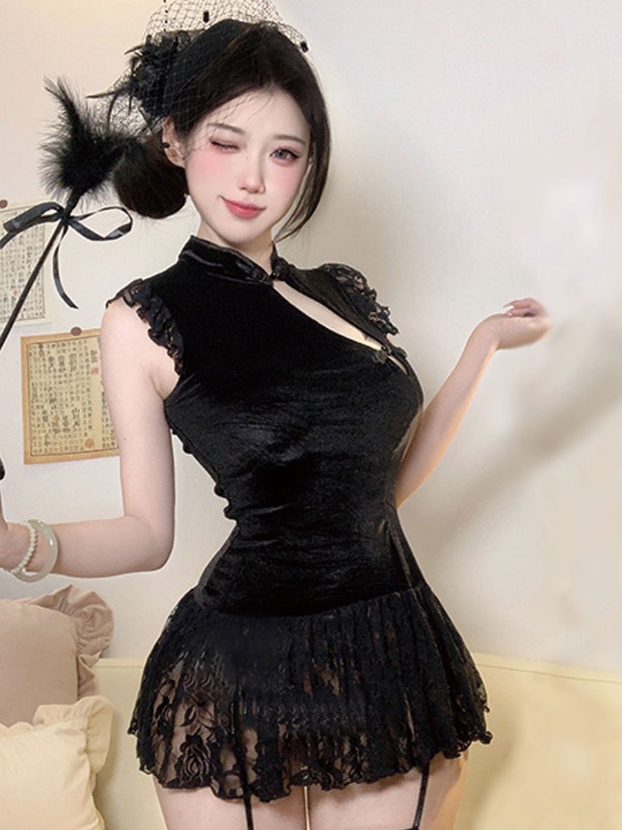 Chinese Style Lace Babydoll Dress - Sheer Mandarin Collar Nightie Blesssafe