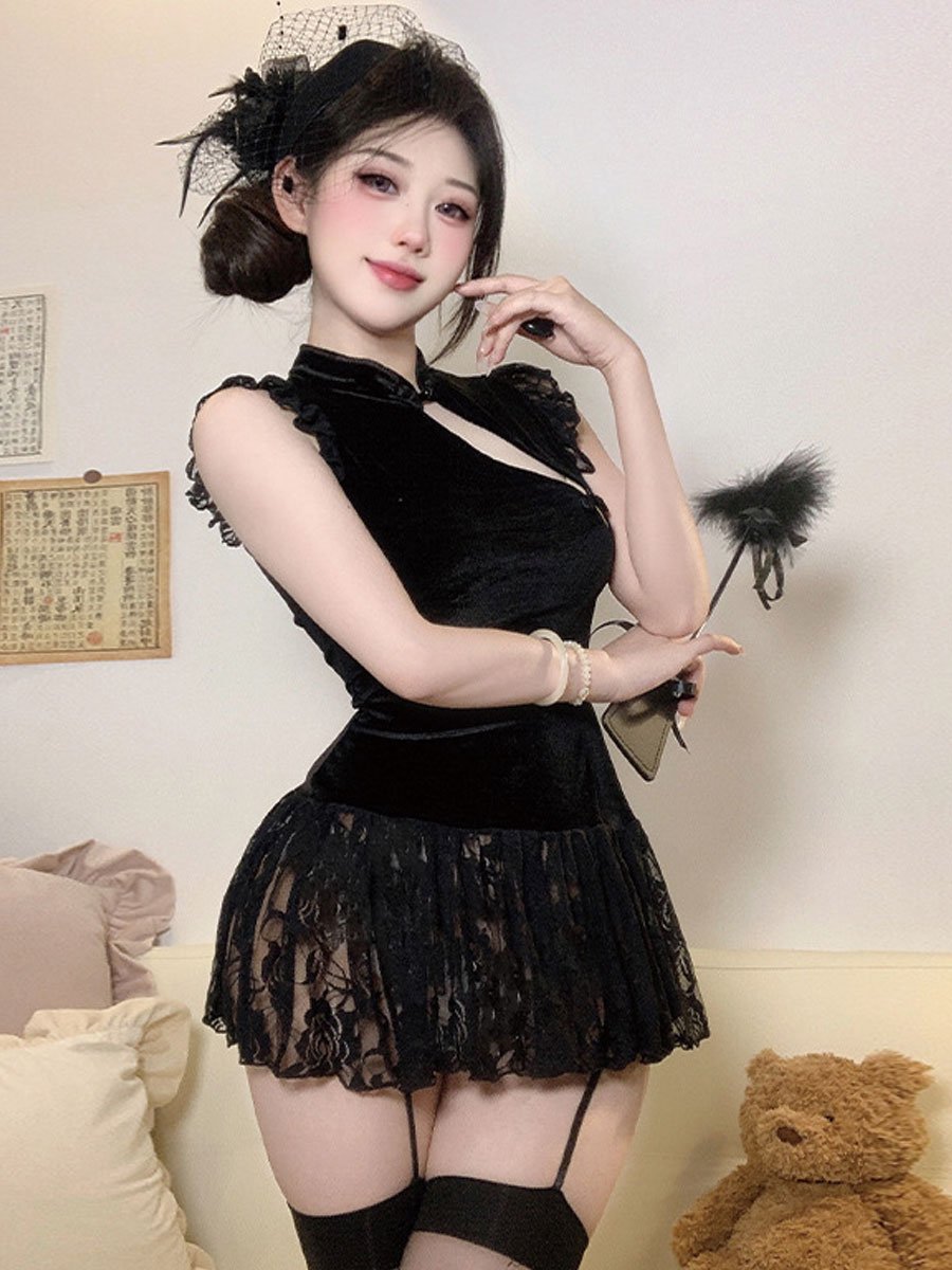 Chinese Style Lace Babydoll Dress - Sheer Mandarin Collar Nightie Blesssafe