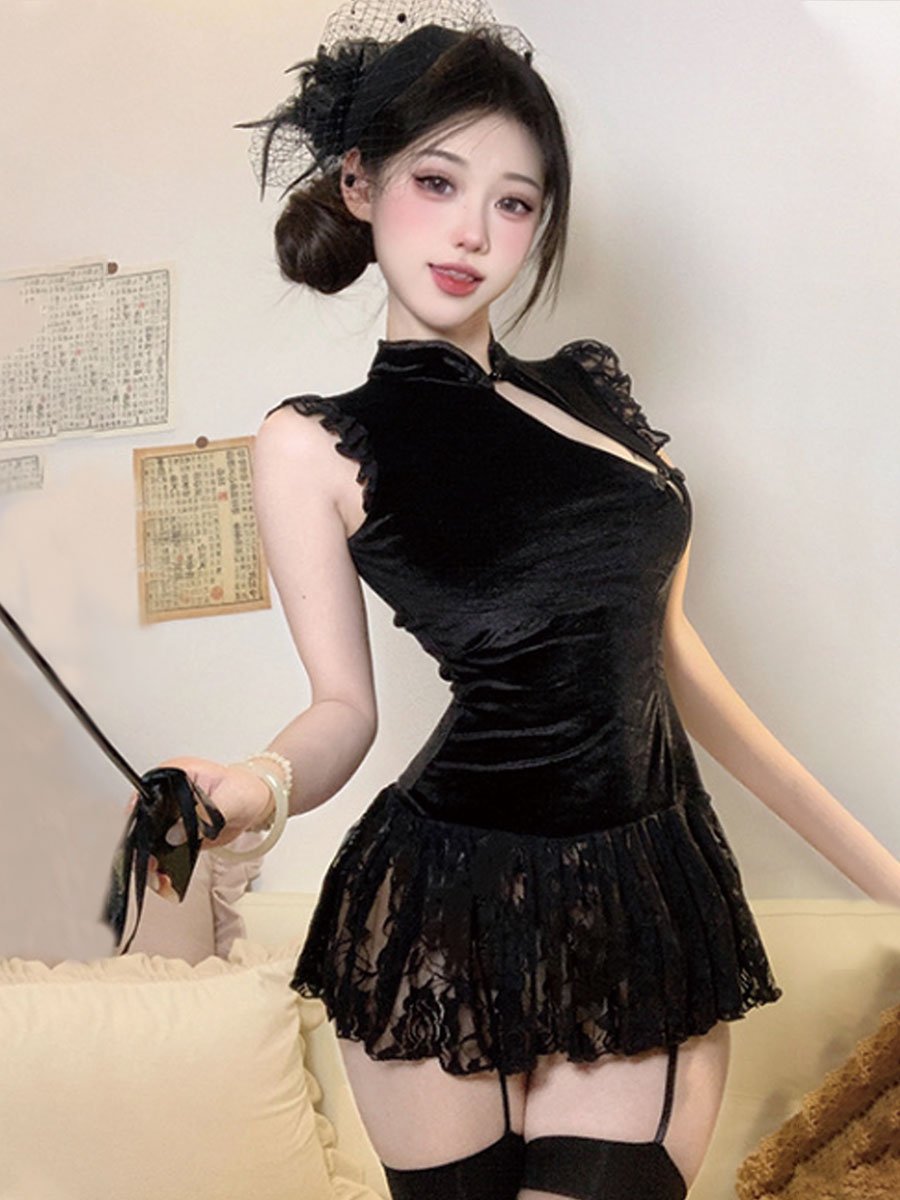 Chinese Style Lace Babydoll Dress - Sheer Mandarin Collar Nightie Blesssafe