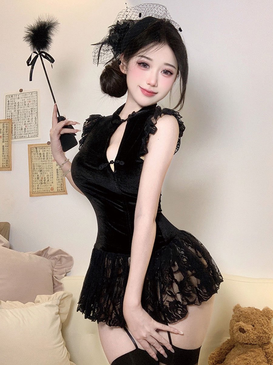 Chinese Style Lace Babydoll Dress - Sheer Mandarin Collar Nightie Blesssafe