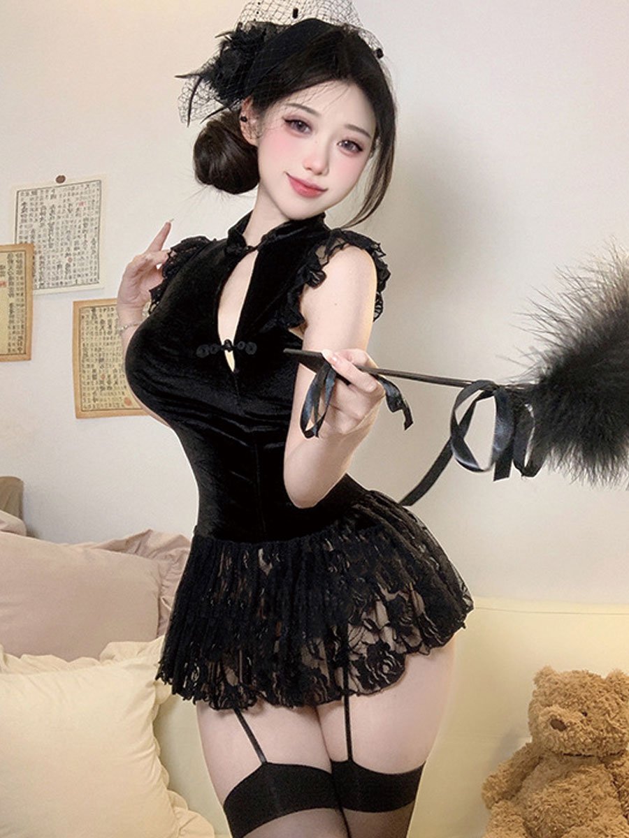 Chinese Style Lace Babydoll Dress - Sheer Mandarin Collar Nightie Blesssafe
