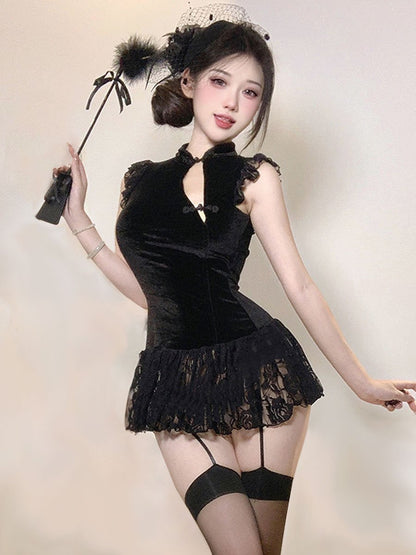 Chinese Style Lace Babydoll Dress - Sheer Mandarin Collar Nightie Blesssafe