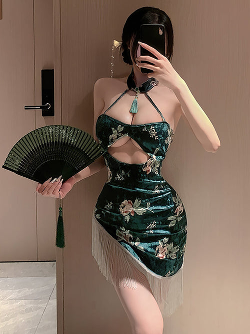 Asymmetrical Tassel Velvet Cheongsam - Sexy Fringe Chinese Dress Blesssafe