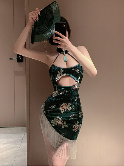 Asymmetrical Tassel Velvet Cheongsam - Sexy Fringe Chinese Dress Blesssafe