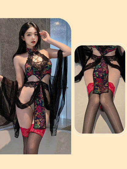 Floral Cutout Cheongsam Dress - Sexy Keyhole Chinese Style Teddy