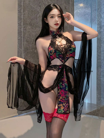 Floral Cutout Cheongsam Dress - Sexy Keyhole Chinese Style Teddy Blesssafe
