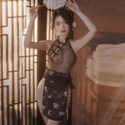 Sexy Chinese Style Lingerie Set Fishnet Open Crotch Teddy Bodysuit with Skirt Blesssafe