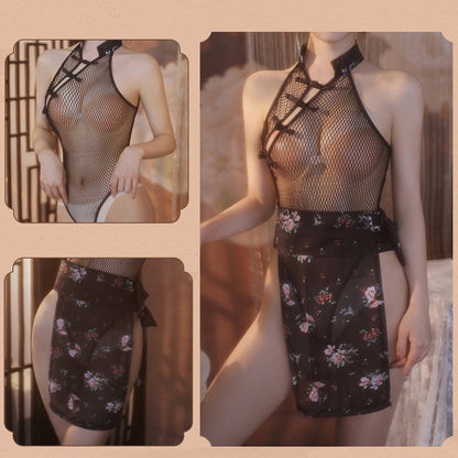 Sexy Chinese Style Lingerie Set Fishnet Open Crotch Teddy Bodysuit with Skirt Blesssafe