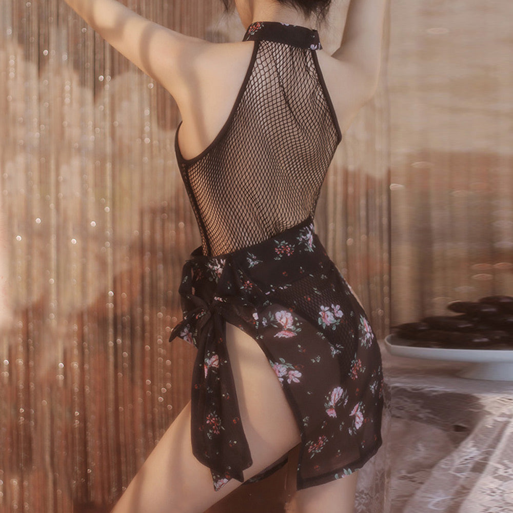 Sexy Chinese Style Lingerie Set Fishnet Open Crotch Teddy Bodysuit with Skirt Blesssafe