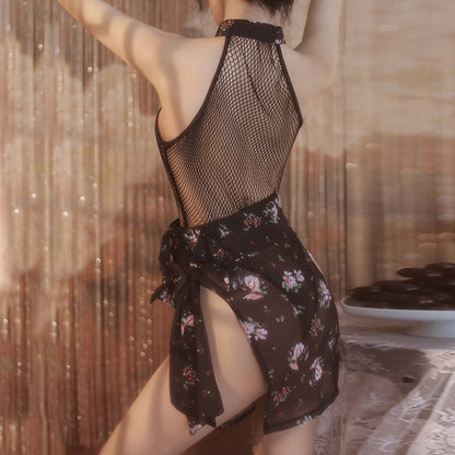 Sexy Chinese Style Lingerie Set Fishnet Open Crotch Teddy Bodysuit with Skirt Blesssafe