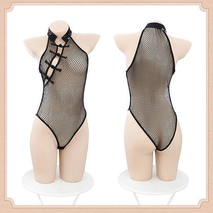 Sexy Chinese Style Lingerie Set Fishnet Open Crotch Teddy Bodysuit with Skirt Blesssafe