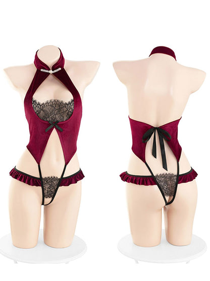 Vintage Velvet Crotchless Bodysuit - Naughty Chinese Style Teddy Blesssafe